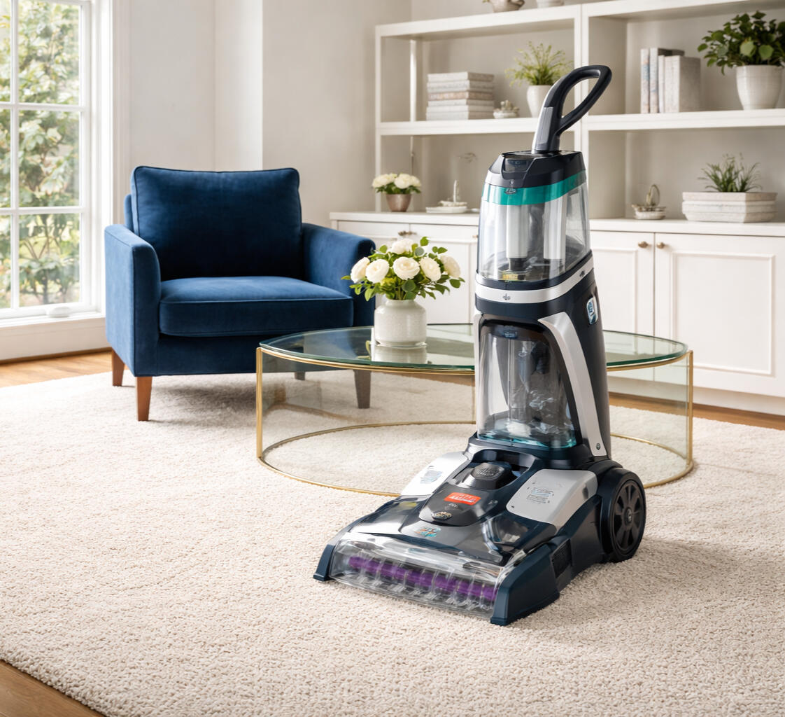 Modern carpet cleaner in a bright living room cleaning a rug for deep stain removal and everyday home use Modern carpet cleaner in a bright living room cleaning a rug for deep stain removal and everyday home use